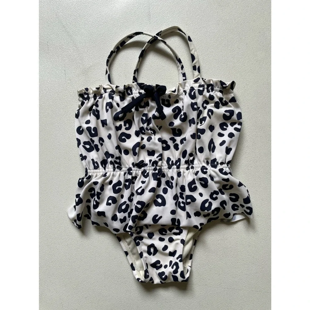 Baby Gap White and Navy Leopard Print Swimsuit with Ruffle • Size 18-24M 🗣